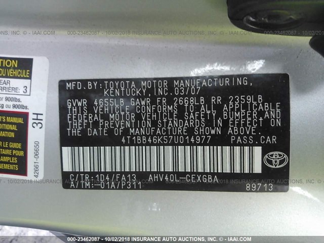 4T1BB46K57U014977 - 2007 TOYOTA CAMRY NEW GENERAT HYBRID SILVER photo 9