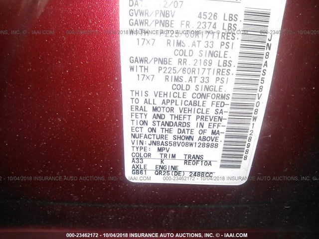 JN8AS58V08W128988 - 2008 NISSAN ROGUE S/SL RED photo 9