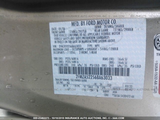 2FMZA52256BA63033 - 2006 FORD FREESTAR SEL TAN photo 9