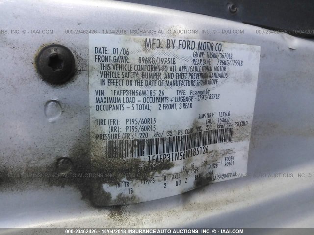 1FAFP31N56W185126 - 2006 FORD FOCUS ZX3 GRAY photo 9