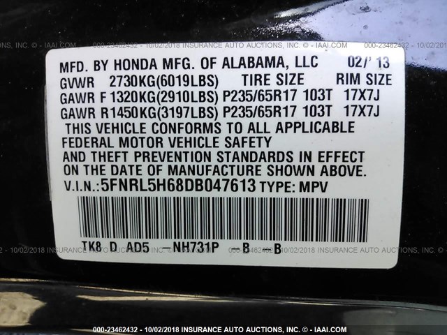 5FNRL5H68DB047613 - 2013 HONDA ODYSSEY EXL BLACK photo 9