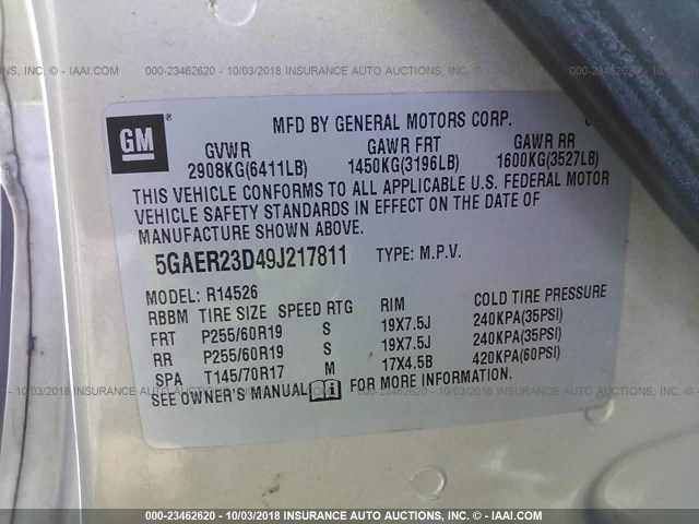 5GAER23D49J217811 - 2009 BUICK ENCLAVE CXL 棕色 照片 9