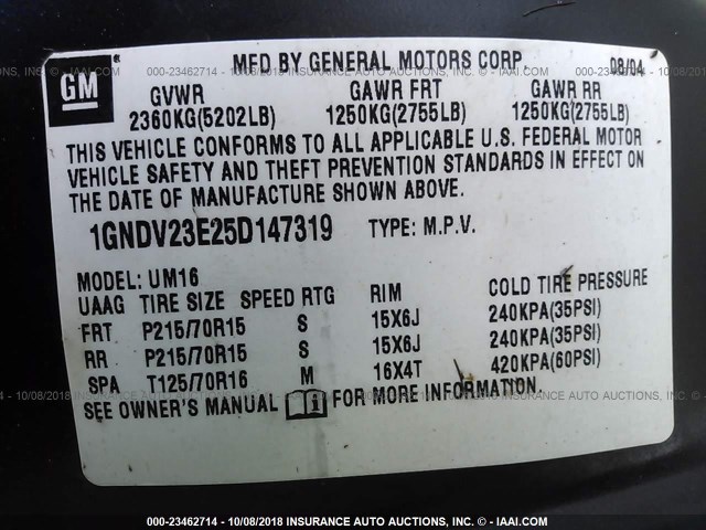 1GNDV23E25D147319 - 2005 CHEVROLET VENTURE LS Dark Blue photo 9