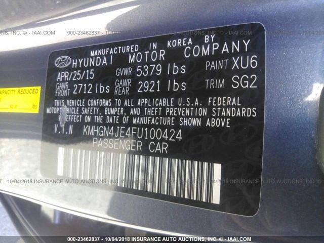 KMHGN4JE4FU100424 - 2015 HYUNDAI GENESIS 3.8L BLUE photo 9