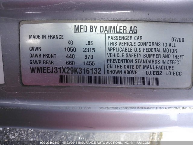 WMEEJ31X29K316132 - 2009 SMART FORTWO PURE/PASSION BLUE photo 9