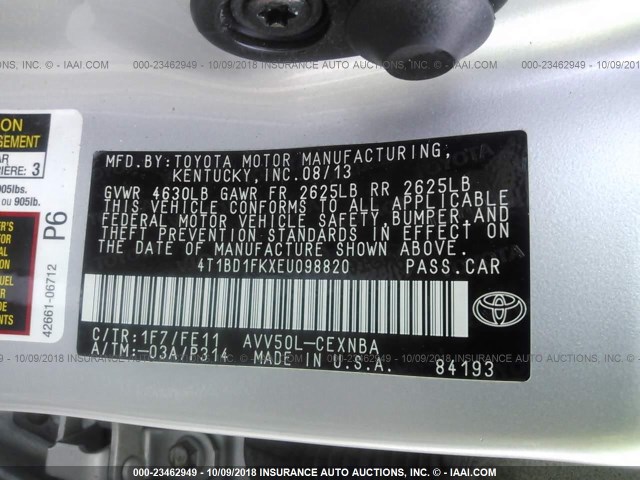 4T1BD1FKXEU098820 - 2014 TOYOTA CAMRY HYBRID/LE/XLE SILVER photo 9