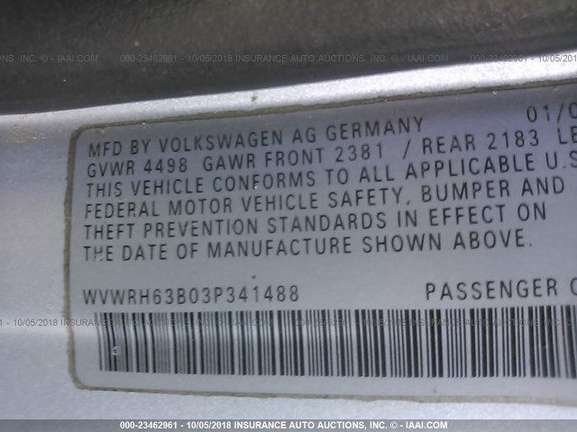 WVWRH63B03P341488 - 2003 VOLKSWAGEN PASSAT GLX SILVER photo 9