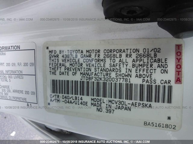 JTDBF32K320037781 - 2002 TOYOTA CAMRY LE/XLE/SE 白色 照片 9