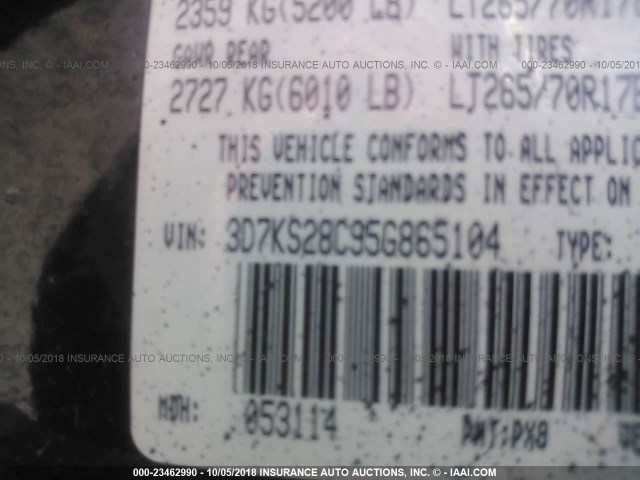 3D7KS28C95G865104 - 2005 DODGE RAM 2500 ST/SLT 黑色 照片 9