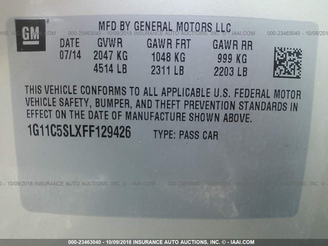 1G11C5SLXFF129426 - 2015 CHEVROLET MALIBU 1LT GOLD photo 9