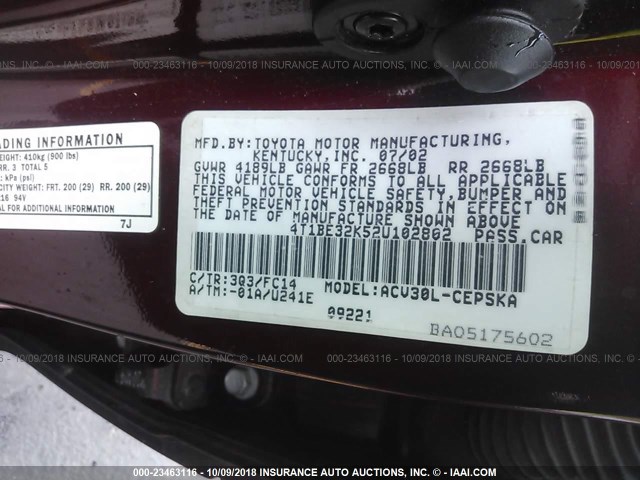 4T1BE32K52U102802 - 2002 TOYOTA CAMRY LE/XLE/SE RED photo 9