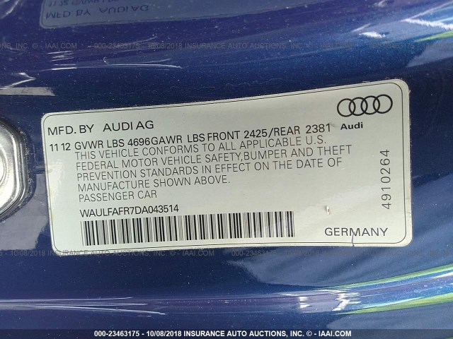 WAULFAFR7DA043514 - 2013 AUDI A5 PREMIUM PLUS BLUE photo 9