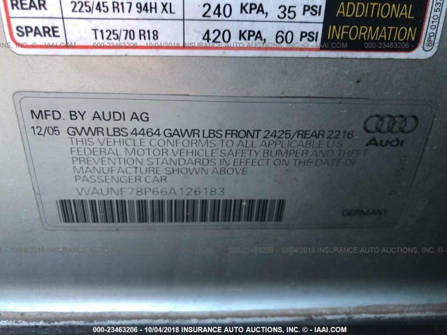 WAUNF78P66A126183 - 2006 AUDI A3 2.0 PREMIUM SILVER photo 9