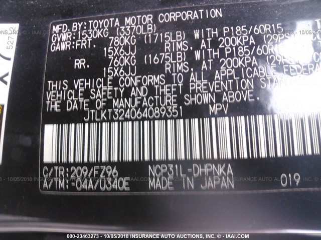 JTLKT324064089351 - 2006 TOYOTA SCION XB შავი ფოტო 9