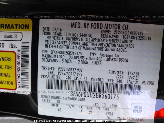 3FA6P0UU2GR363175 - 2016 FORD FUSION S HYBRID BLACK photo 9