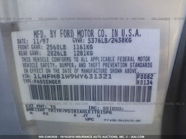 1LNFM81W9WY631321 - 1998 LINCOLN TOWN CAR EXECUTIVE Серебристый фото 9