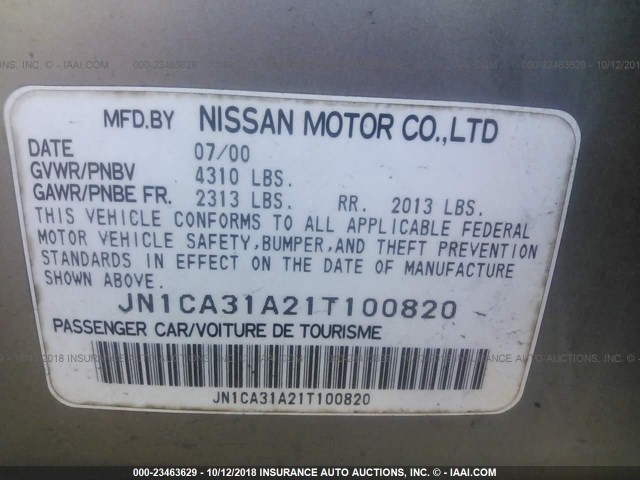 JN1CA31A21T100820 - 2001 NISSAN MAXIMA GXE/SE/GLE/20TH ANNIV SILVER photo 9