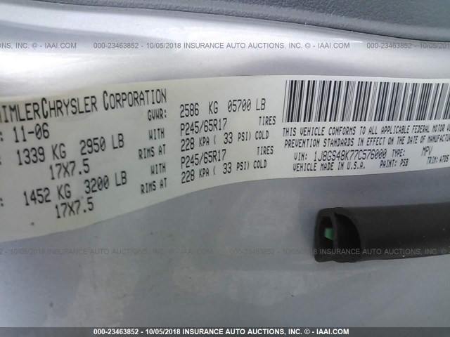 1J8GS48K77C576000 - 2007 JEEP GRAND CHEROKEE LAREDO/COLUMBIA/FREEDOM 银色 照片 9