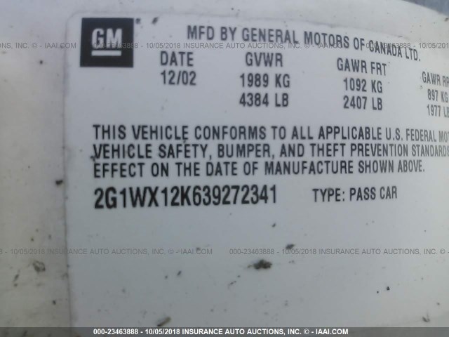 2G1WX12K639272341 - 2003 CHEVROLET MONTE CARLO SS WHITE photo 9