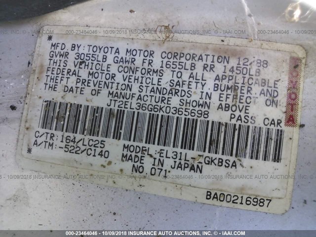 JT2EL36G6K0365698 - 1989 TOYOTA TERCEL EZ SILVER photo 9