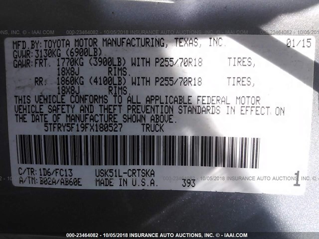 5TFRY5F19FX180527 - 2015 TOYOTA TUNDRA DOUBLE CAB SR/SR5 SILVER photo 9