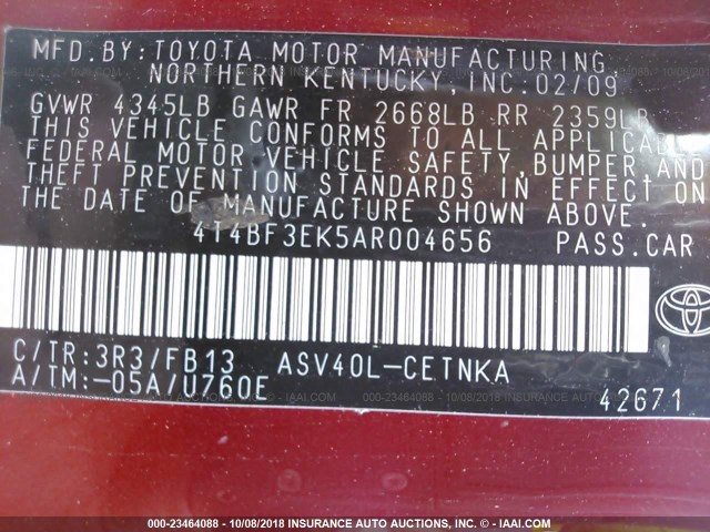 4T4BF3EK5AR004656 - 2010 TOYOTA CAMRY SE/LE/XLE 红色 照片 9