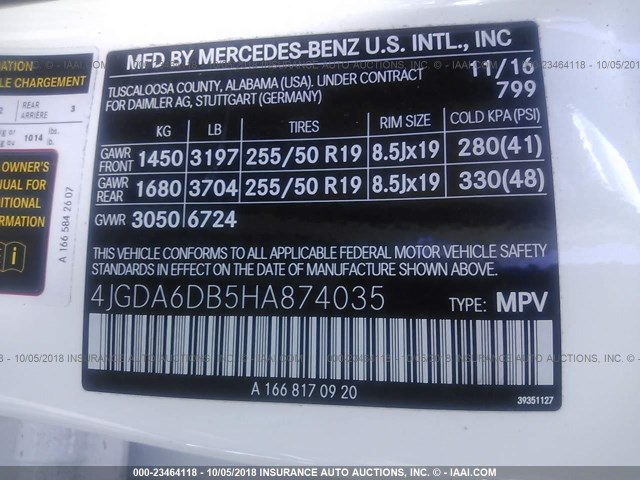 4JGDA6DB5HA874035 - 2017 MERCEDES-BENZ GLE 550E 4MATIC WHITE photo 9