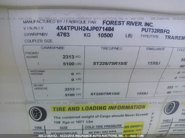 4X4TPUH24JP071484 - 2018 FOREST RIVER PUMA  未知 照片 9