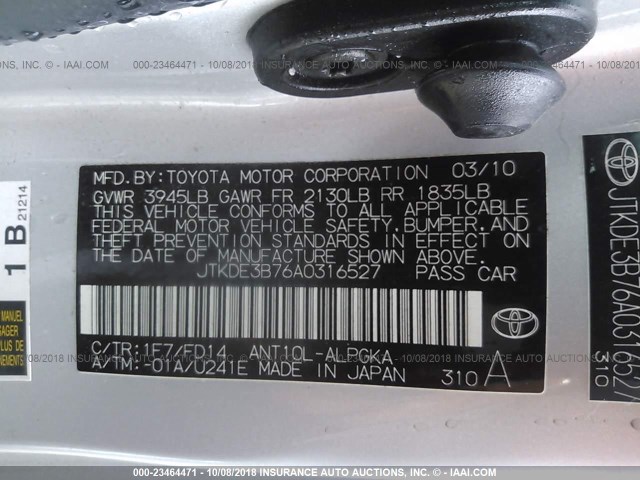 JTKDE3B76A0316527 - 2010 TOYOTA SCION TC 银色 照片 9