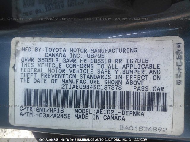 2T1AE09B4SC137378 - 1995 TOYOTA COROLLA LE/DX 绿色 照片 9