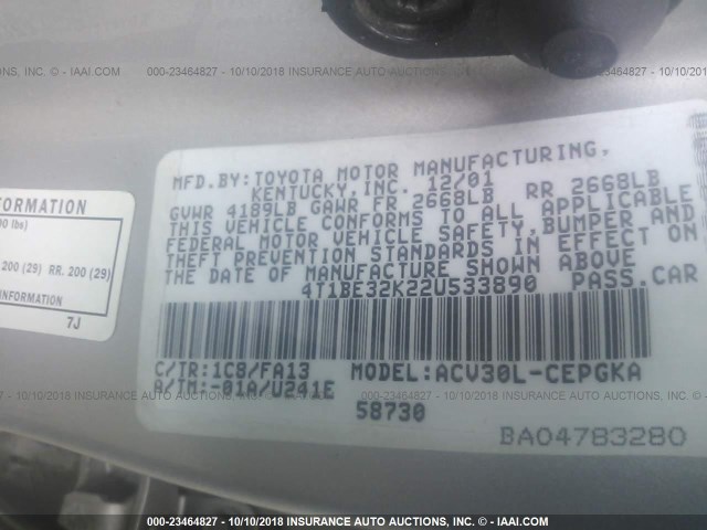 4T1BE32K224533890 - 2002 TOYOTA CAMRY LE/XLE/SE 银色 照片 9