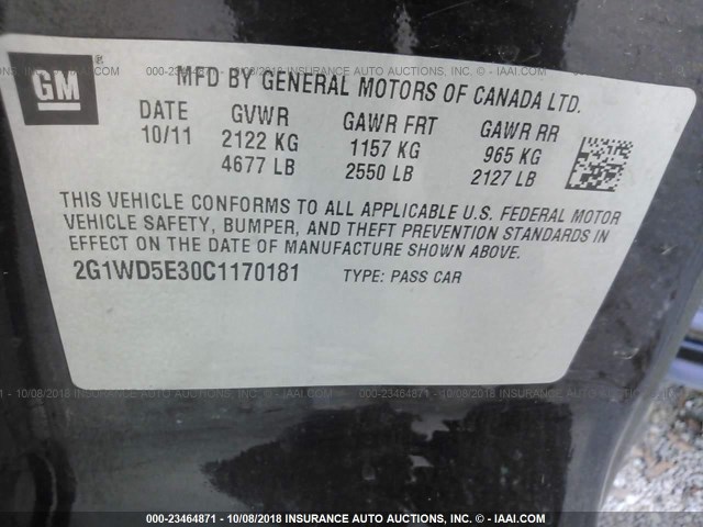 2G1WD5E30C1170181 - 2012 CHEVROLET IMPALA POLICE BLACK photo 9