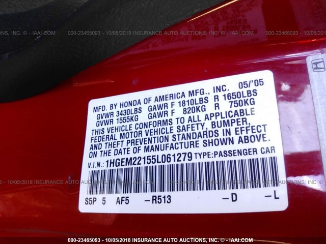 1HGEM22155L061279 - 2005 HONDA CIVIC DX VP RED photo 9