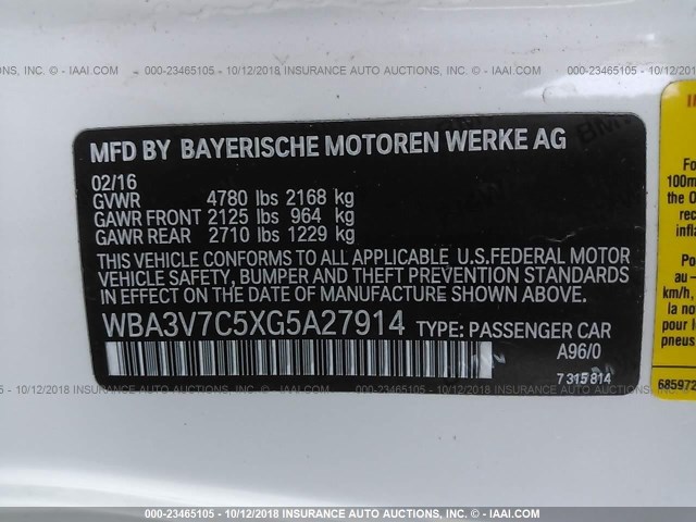 WBA3V7C5XG5A27914 - 2016 BMW 428 I/SULEV WHITE photo 9