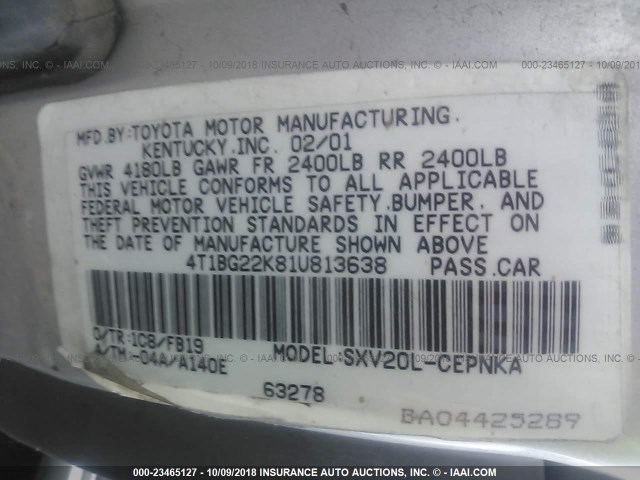 4T1BG22K81U813638 - 2001 TOYOTA CAMRY CE/LE/XLE 银色 照片 9