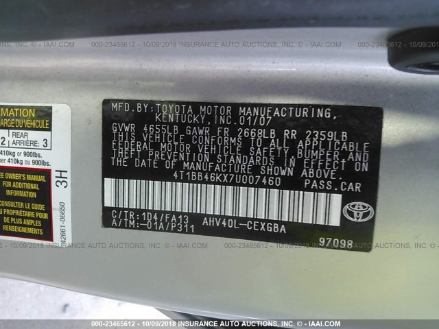 4T1BB46KX7U007460 - 2007 TOYOTA CAMRY NEW GENERAT HYBRID GRAY photo 9