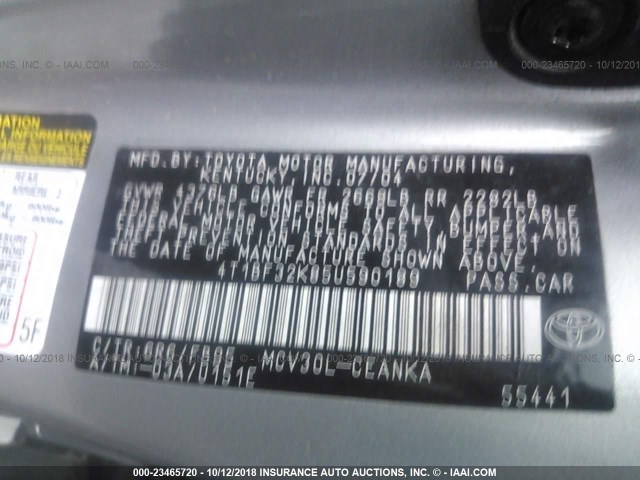 4T1BF32K85U590189 - 2005 TOYOTA CAMRY LE/XLE/SE Gümüş foto 9