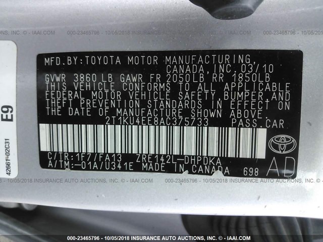2T1KU4EE8AC375733 - 2010 TOYOTA COROLLA MATRIX  SILVER photo 9