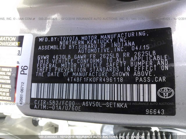 4T4BF1FK0FR496118 - 2015 TOYOTA CAMRY LE/XLE/SE/XSE BEIGE photo 9