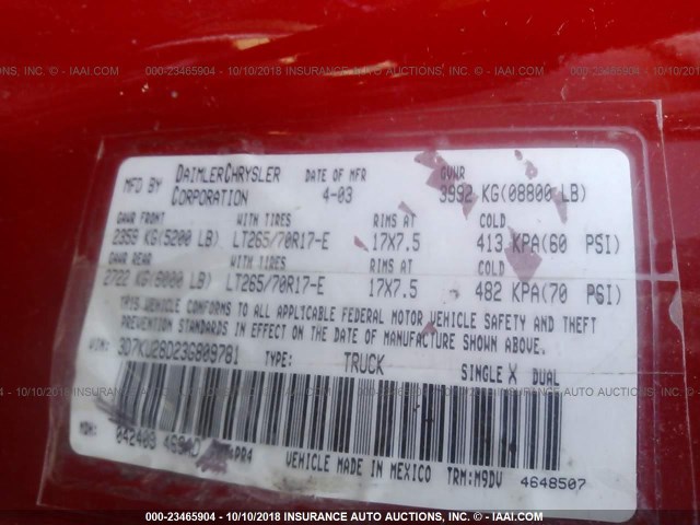 3D7KU28D23G809781 - 2003 DODGE RAM 2500 ST/SLT 红色 照片 9