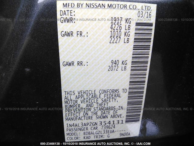 1N4AL3AP2GN354131 - 2016 NISSAN ALTIMA 2.5/S/SV/SL/SR ნაცრისფერი ფოტო 9