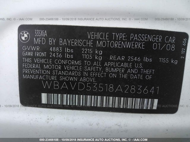 WBAVD53518A283641 - 2008 BMW 335 XI WHITE photo 9