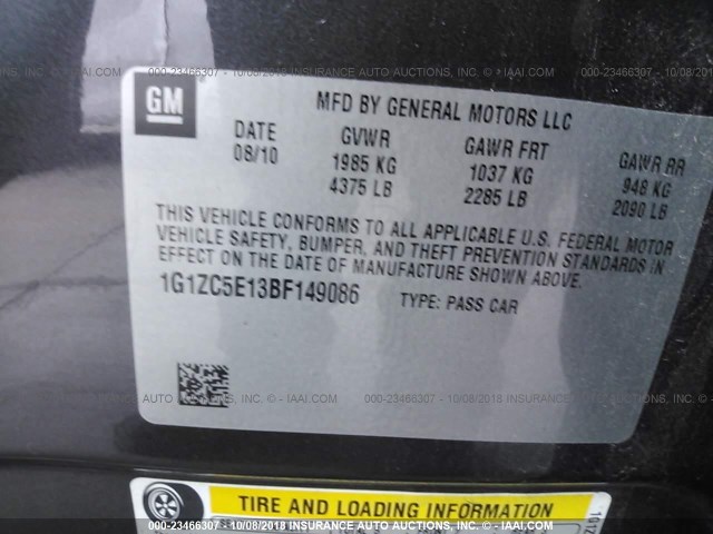 1G1ZC5E13BF149086 - 2011 CHEVROLET MALIBU 1LT ნაცრისფერი ფოტო 9