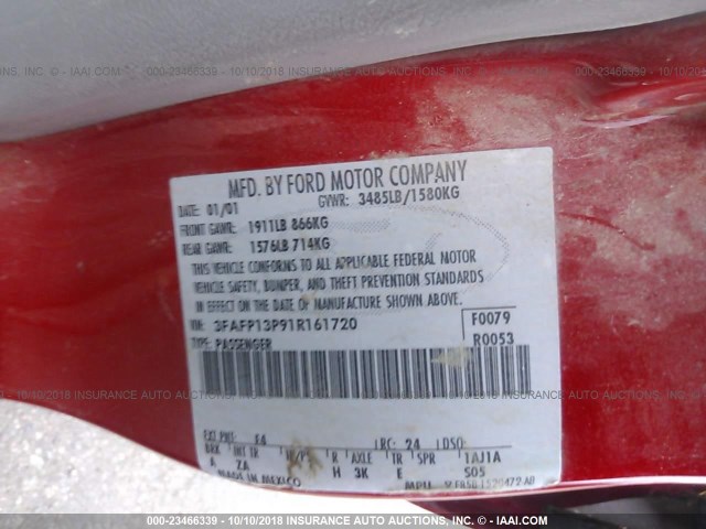 3FAFP13P91R161720 - 2001 FORD ESCORT RED photo 9