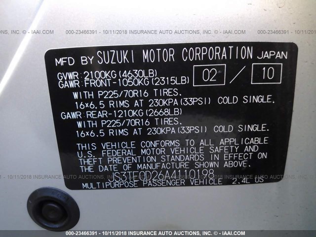 JS3TE0D26A4110198 - 2010 SUZUKI GRAND VITARA  SILVER photo 9