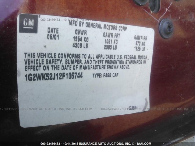 1G2WK52J12F106744 - 2002 PONTIAC GRAND PRIX SE 勃艮第红 照片 9