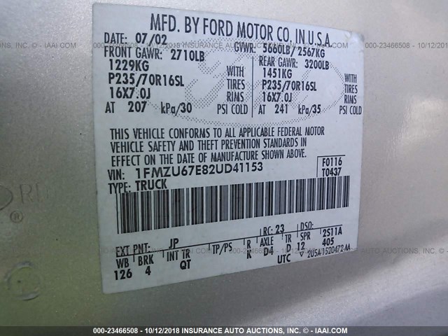 1FMZU67E82UD41153 - 2002 FORD EXPLORER SPORT TR  SILVER photo 9