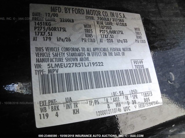 5LMEU27R51LJ19522 - 2001 LINCOLN NAVIGATOR 黑色 照片 9