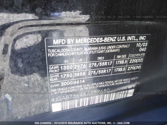 4JGAB75E44A487680 - 2004 MERCEDES-BENZ ML 500 BLACK photo 9