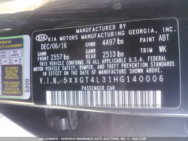 5XXGT4L31HG140006 - 2017 KIA OPTIMA LX ნაცრისფერი ფოტო 9